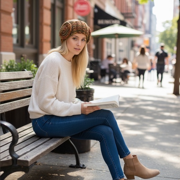 Headband Earwarmer Hand Crafted Multicolor Green Rust Bronze Orange Glitter Knit - Picture 4 of 15